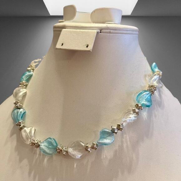 Light Blue White Twisted Artisan Glass Beaded Link Necklace - Picture 6 of 6